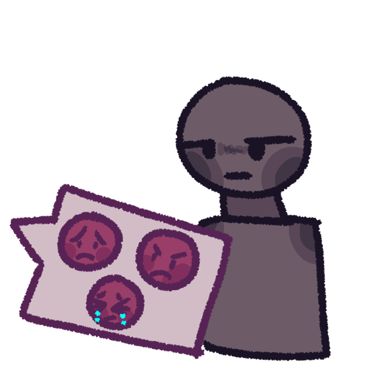 a grey figure with a blank, almost bored face. Coming from offscreen is a white rectangular speech bubbles with three red faces inside, one worried, one angry, and one distressed and crying